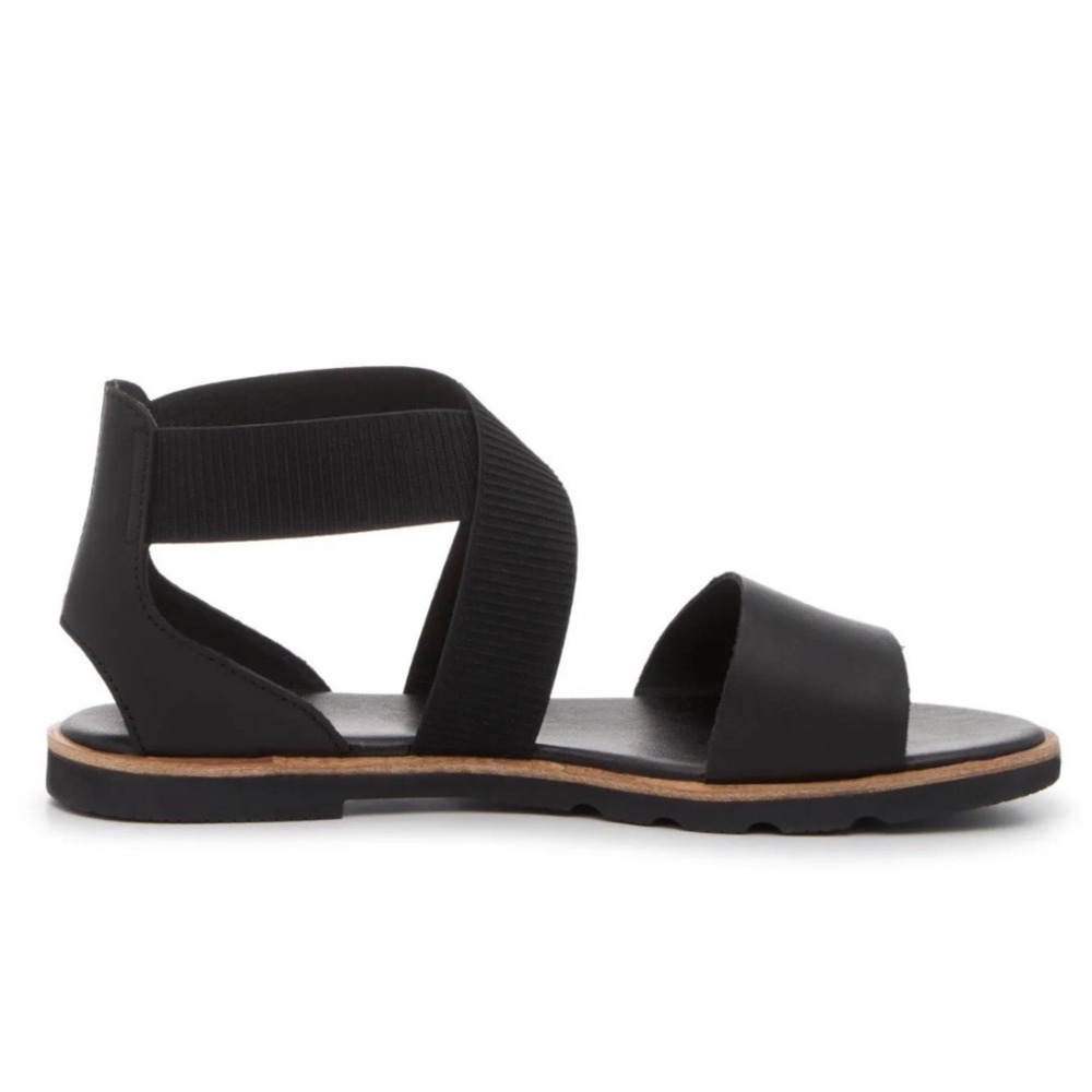 Sorel Ella Black Leather Elastic Strap Flat Sandals Women's Size 11